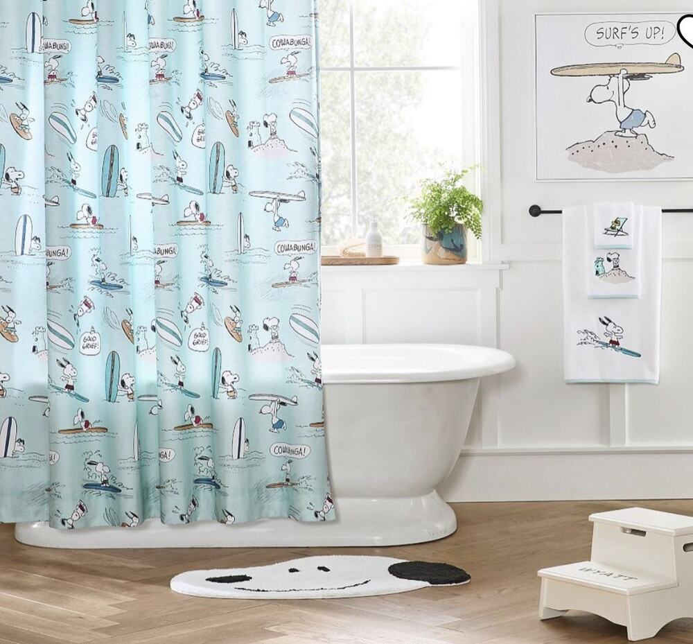 Pottery Barn Kids Peanuts Surfer Snoopy Shower Curtain 72x72 100% Cotton